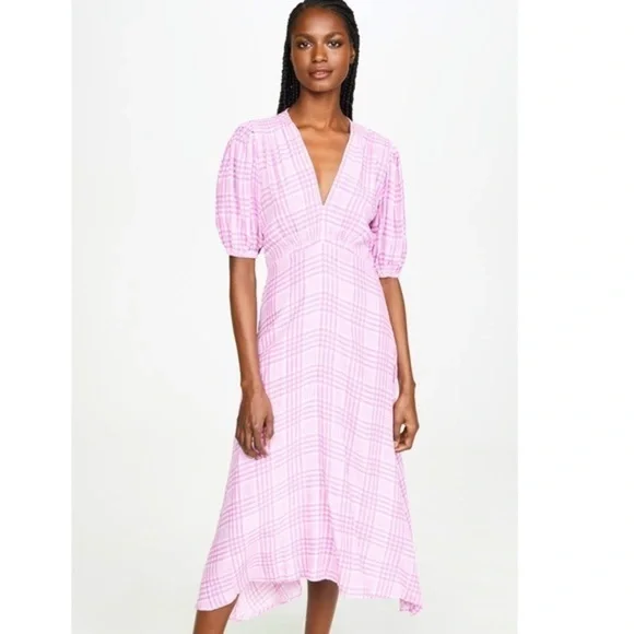 FAITHFUL THE BRAND NWT Vittoria Midi Dress Djerra Check Print Pink